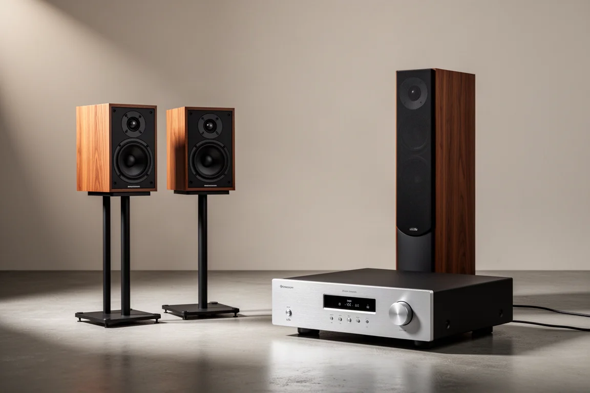 Bookshelf speakers, a floorstanding tower, and an integrated amplifier on a concrete floor