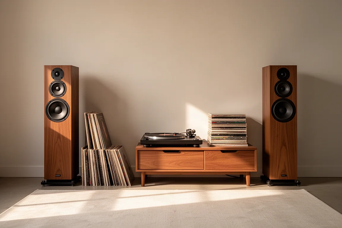 Salón minimalista con un par de altavoces de torre junto a un mueble bajo de madera para medios