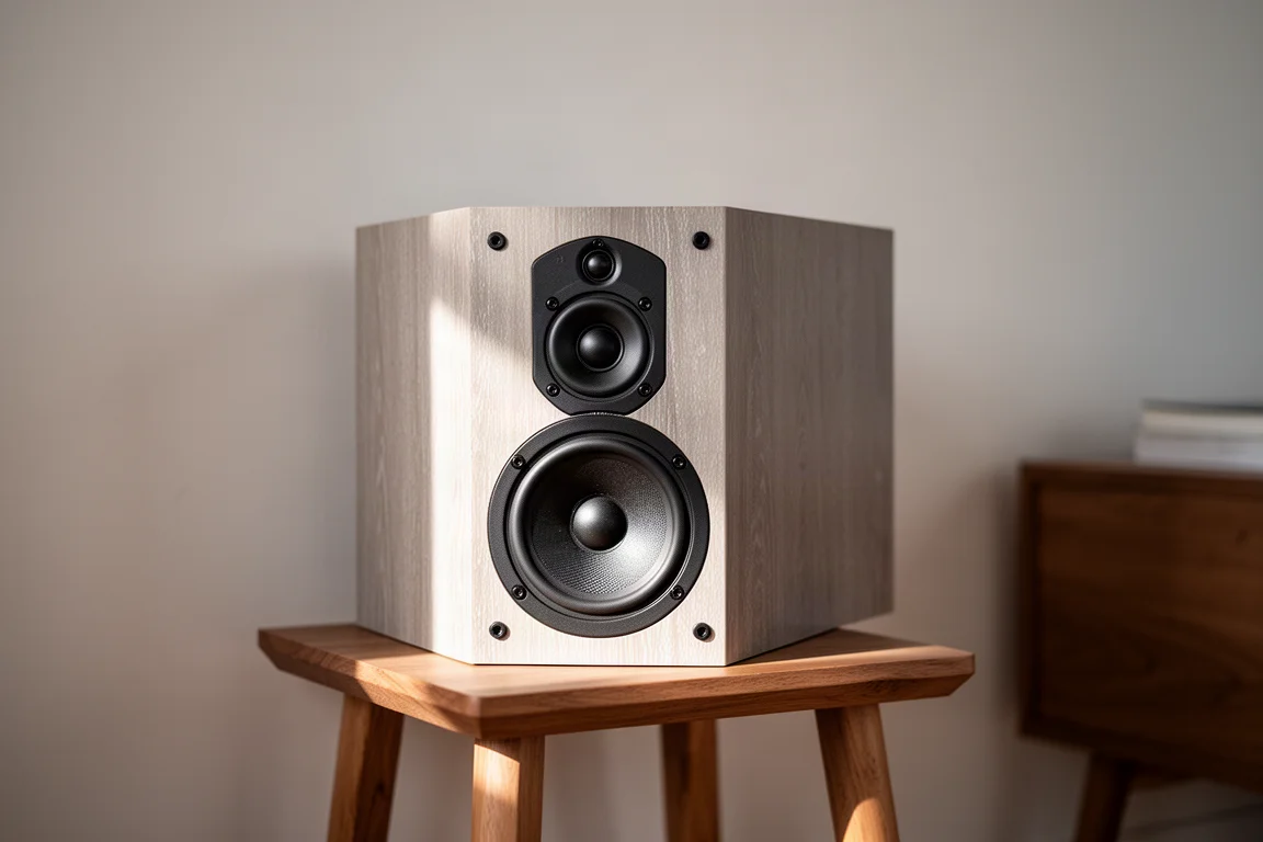 Detalle de un altavoz de estantería compacto sobre un soporte bajo de madera en una habitación pequeña y luminosa con luz natural sobre el mueble