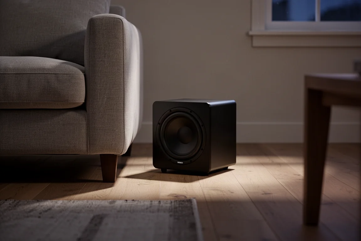 Subwoofer compacto en forma de cubo negro sobre un suelo de madera junto a un sofá con luz suave de atardecer