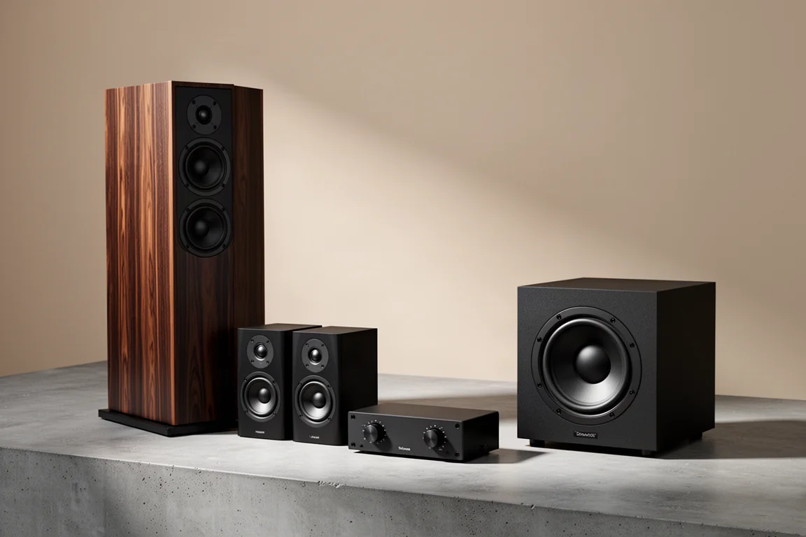 Hi-fi components on a concrete surface including floorstanding and bookshelf speakers, a control unit and a subwoofer