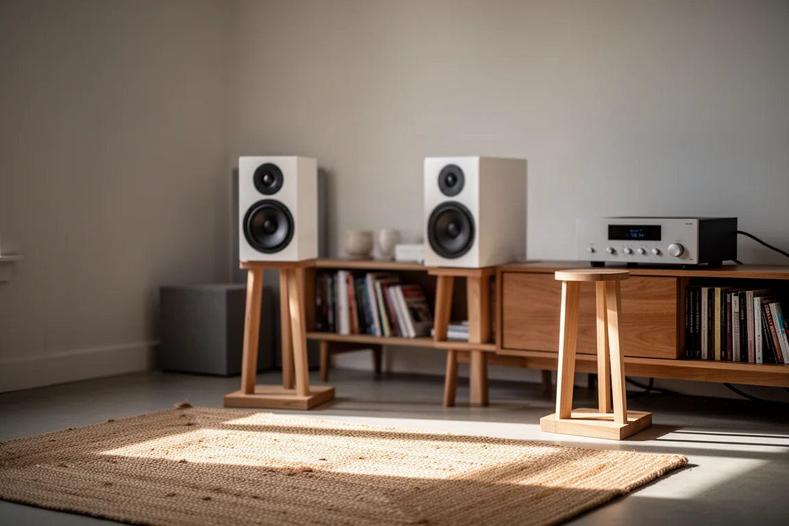 Sala de audição estéreo organizada com pequenas caixas de estante e um amplificador compacto