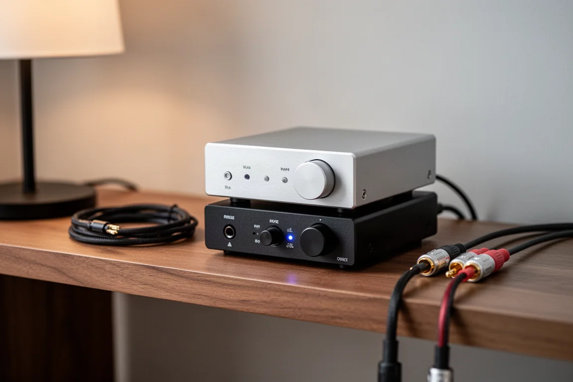 Close de um DAC compacto de mesa e um pequeno amplificador empilhados em uma prateleira de madeira