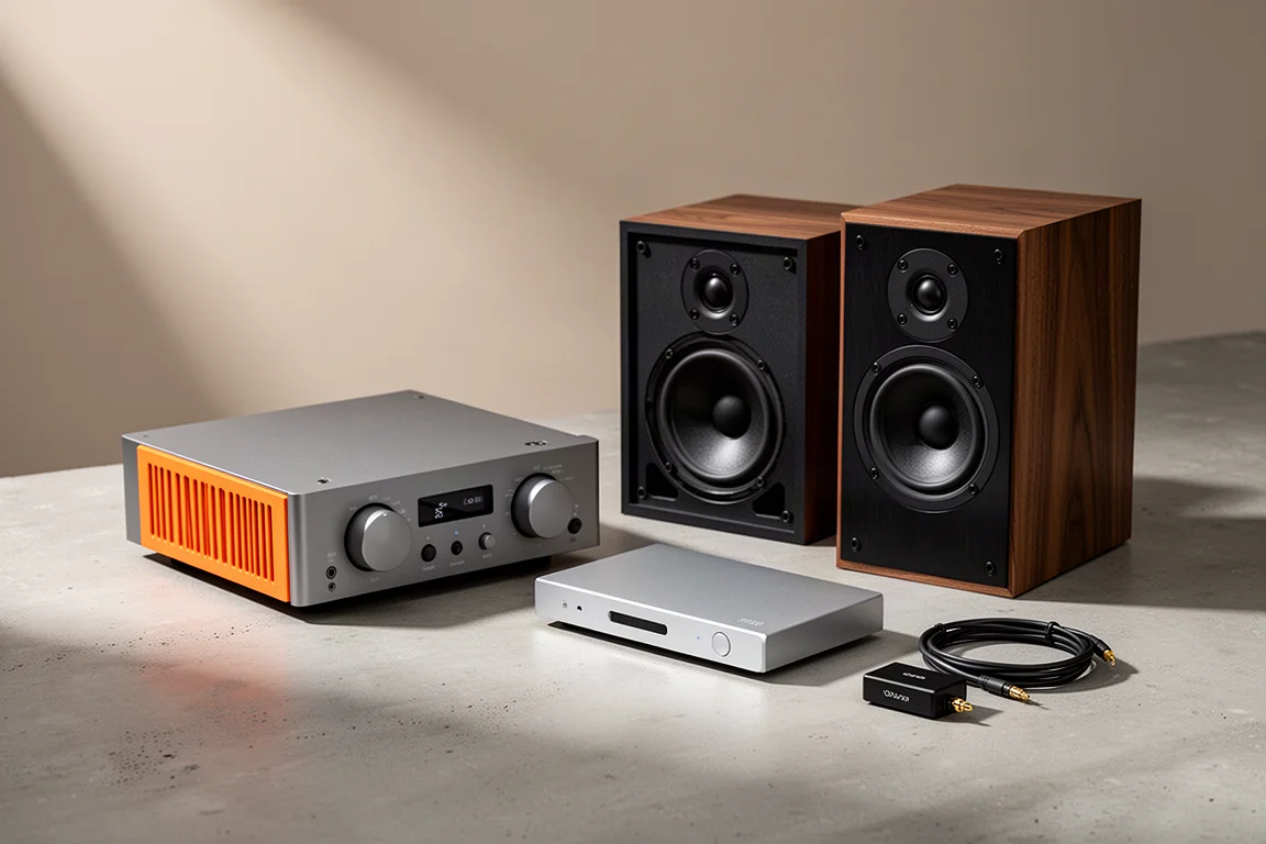 Group of hi-fi components including a compact amplifier, bookshelf speaker, streamer and small DAC