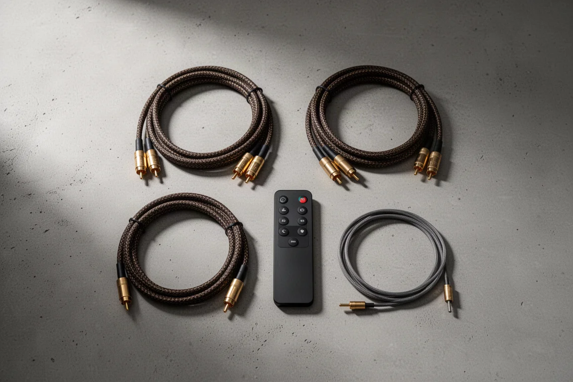 콘크리트 바닥 위에 감겨 있는 금도금 커넥터 RCA 인터커넥트 케이블