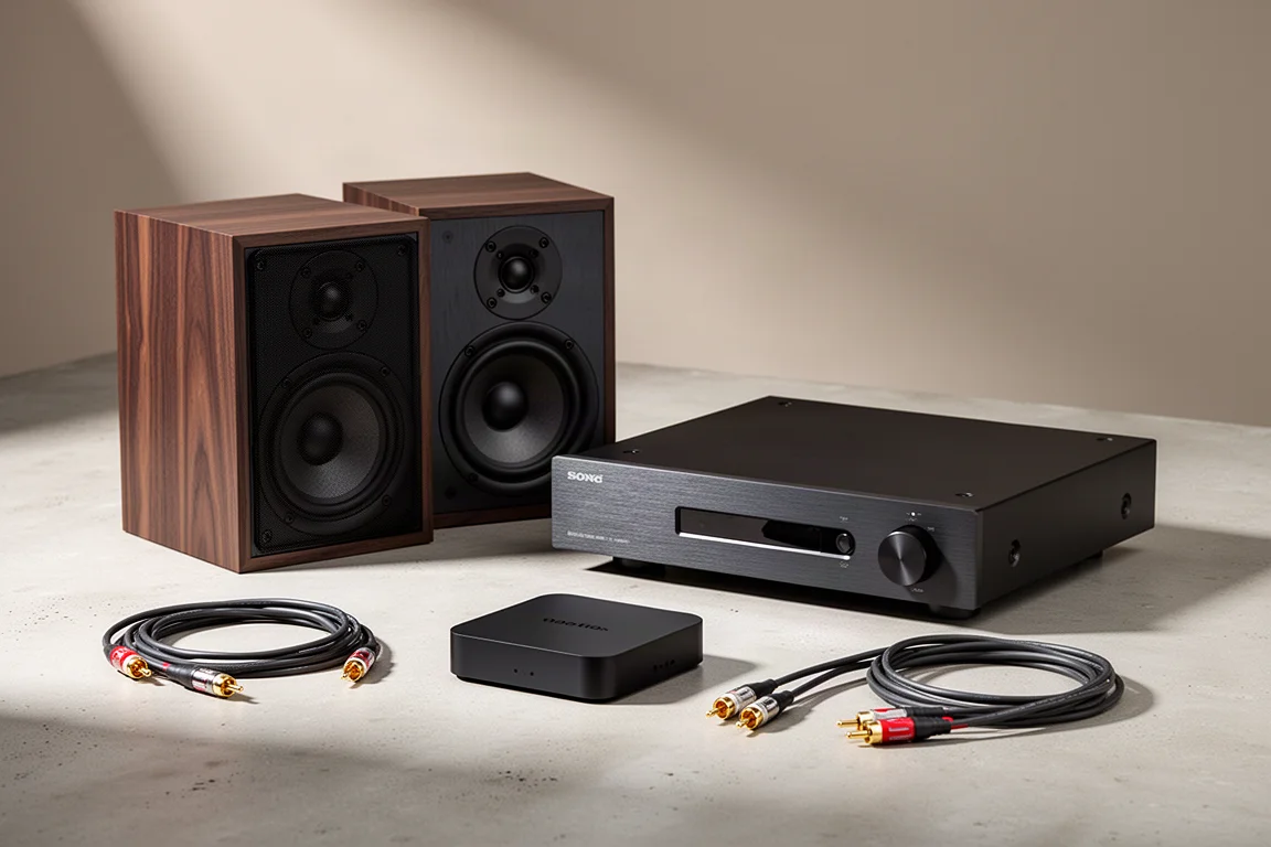 Compact hi-fi components including bookshelf speakers, an amplifier, a streamer, and RCA cables