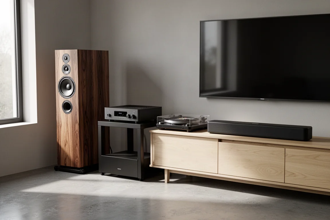 Modern listening room with floorstanding speakers, amplifier, turntable and soundbar