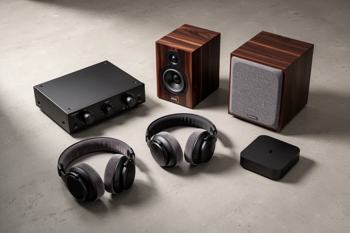 Hi-fi components on concrete: amplifier, bookshelf speaker, headphones, streamer, subwoofer