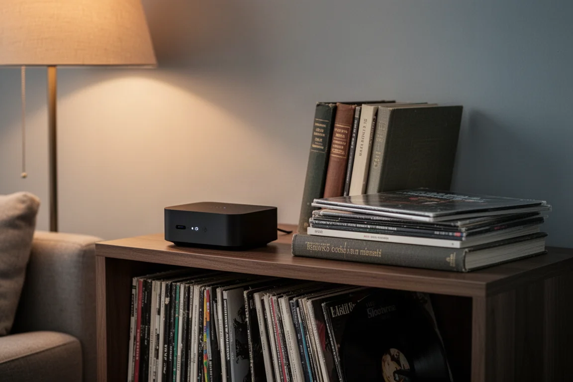 Petit streamer noir sur une étagère hi-fi à côté de vinyles dans une lumière chaude du soir