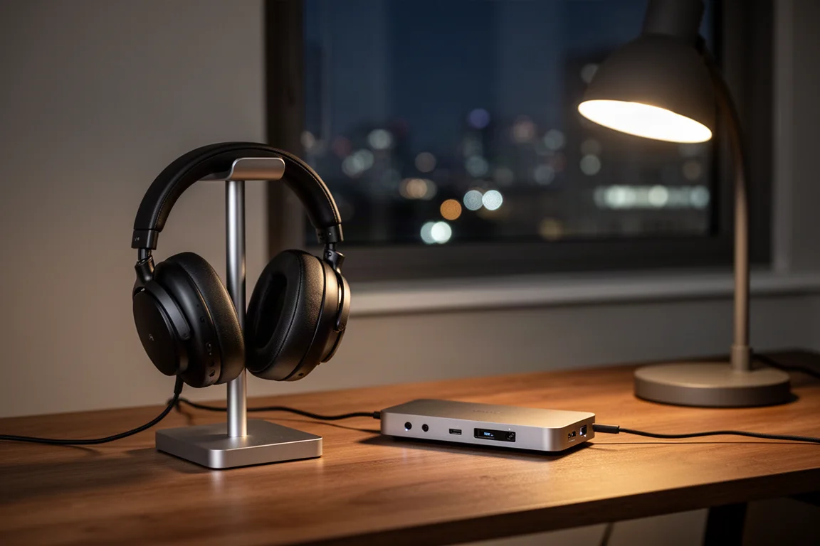 Casque et convertisseur de bureau fin sur un bureau en bois sous une lampe chaude