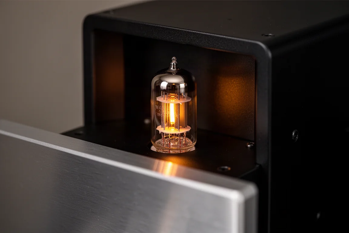 Gros plan sur un tube à vide lumineux à l'intérieur d'un châssis hi-fi noir