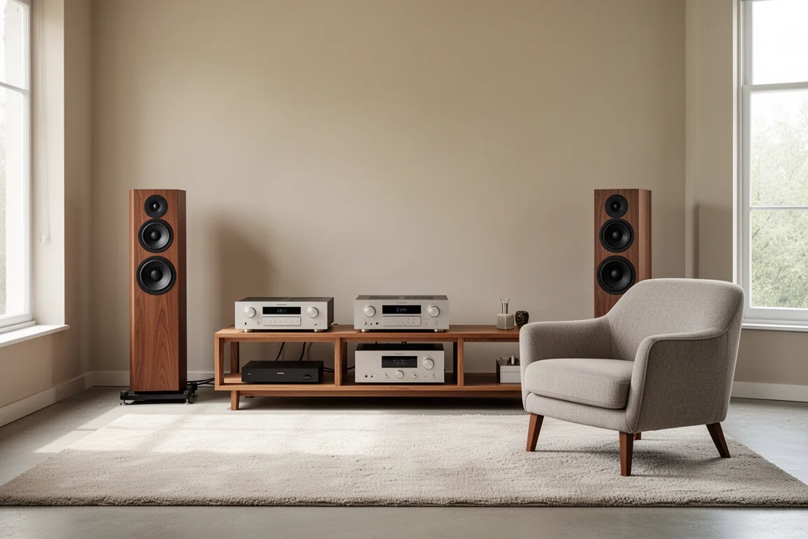 Espace d'écoute de salon avec enceintes, rack hi-fi bas et lumière douce du jour