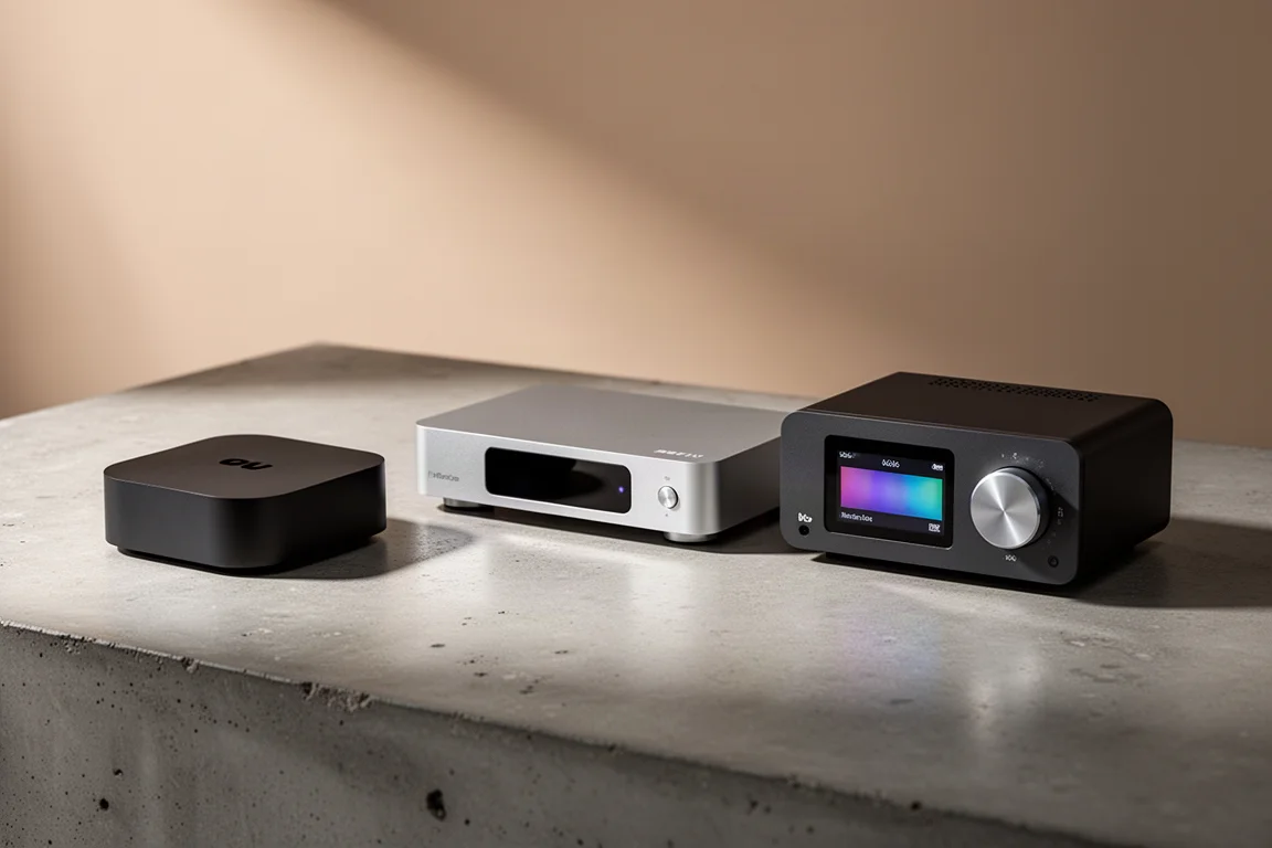 Three compact hi-fi source components arranged on a concrete surface in soft studio light