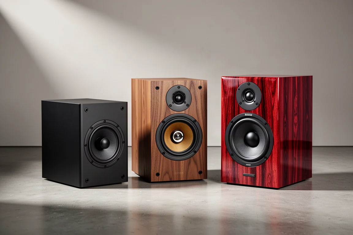 Three compact bookshelf loudspeakers in black, walnut, and rosewood finishes