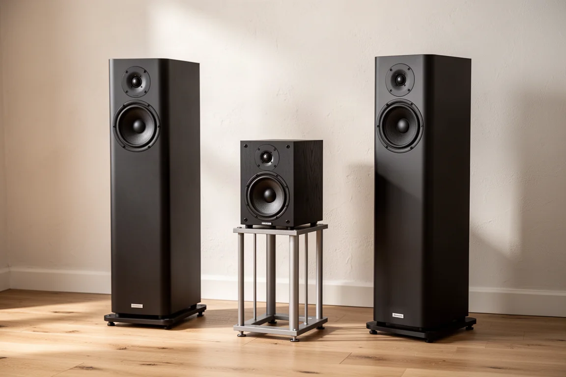 Pair of matte black floorstanding speakers with a bookshelf speaker in a bright listening room
