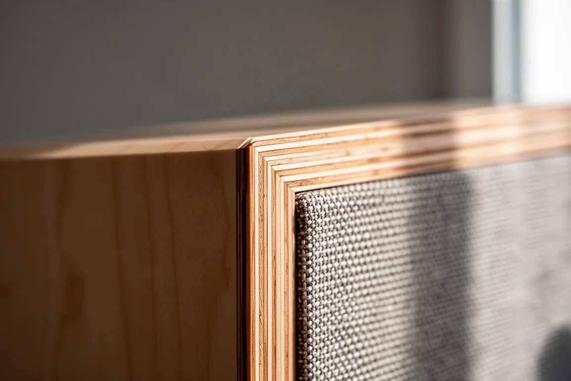 Close-up of layered plywood loudspeaker cabinet edge with cloth grille behind