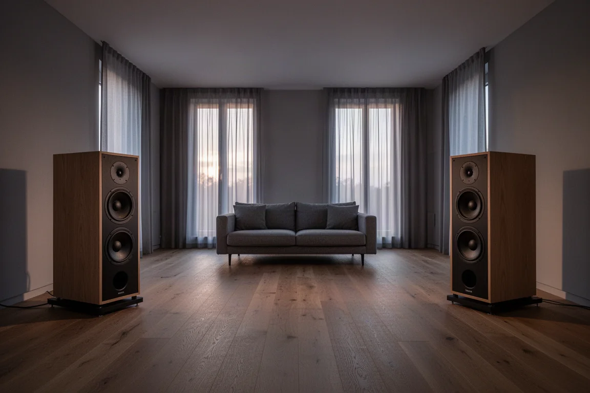 Spacious listening room at dusk with two large loudspeakers on a wooden floor