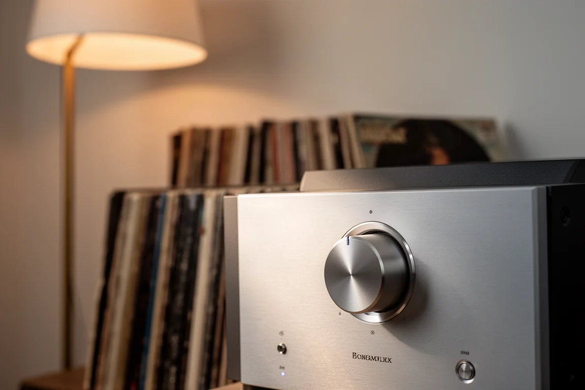Integrated amplifier front panel with vinyl record rack blurred behind