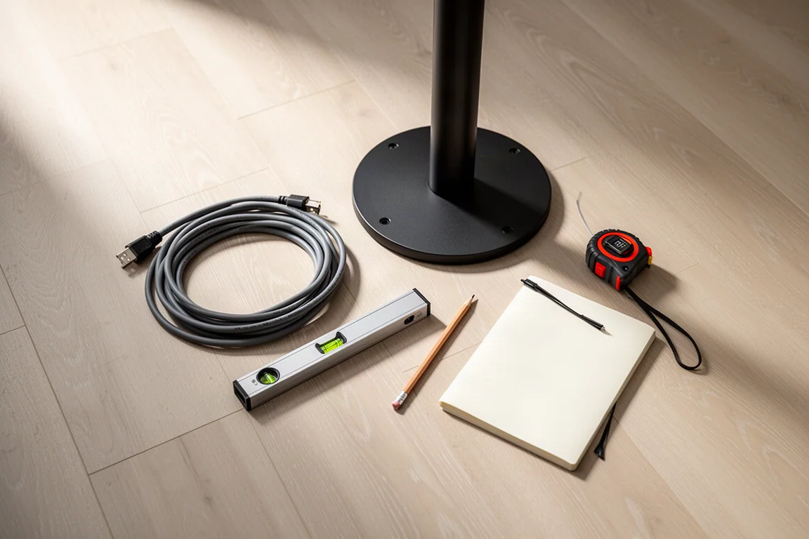 Overhead flat-lay of speaker cables, spirit level and notebook on oak floor