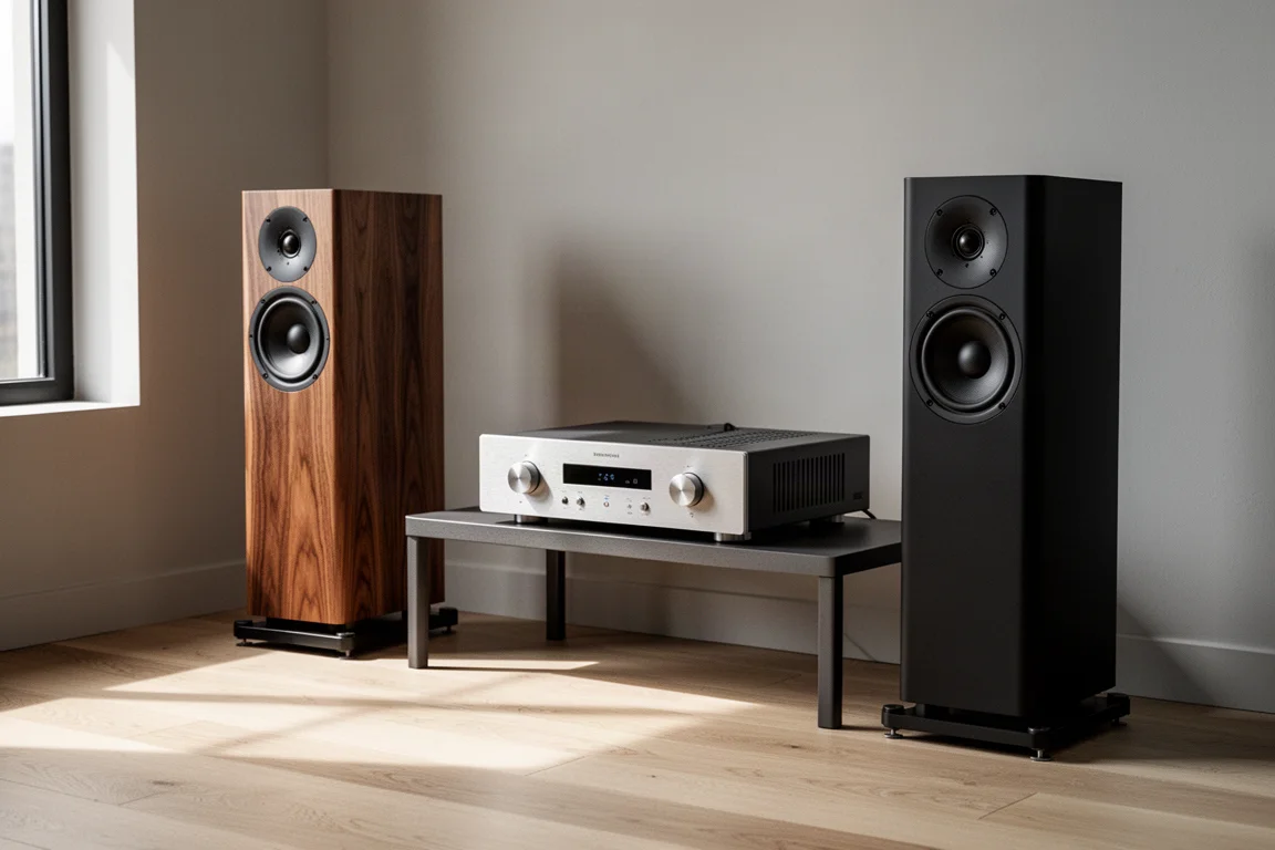 Two stand-mount hi-fi speakers and an integrated amplifier in a neutral listening room