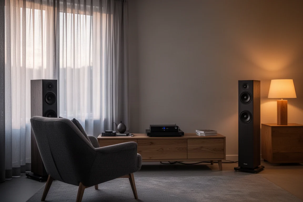 Domestic listening room at dusk with floorstanding speakers and a warm lamp