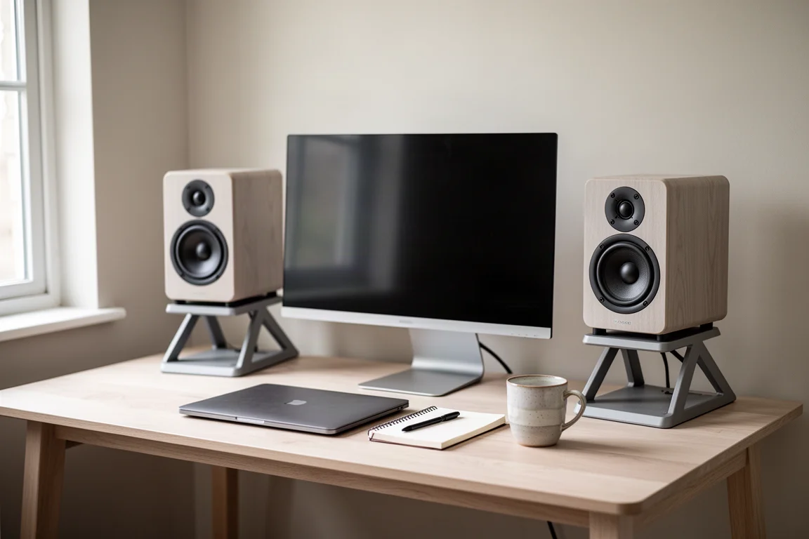 Nearfield desk setup with compact standmount speakers beside a monitor