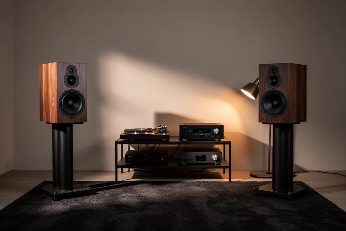 High-end listening room with large standmounts on stands and a turntable