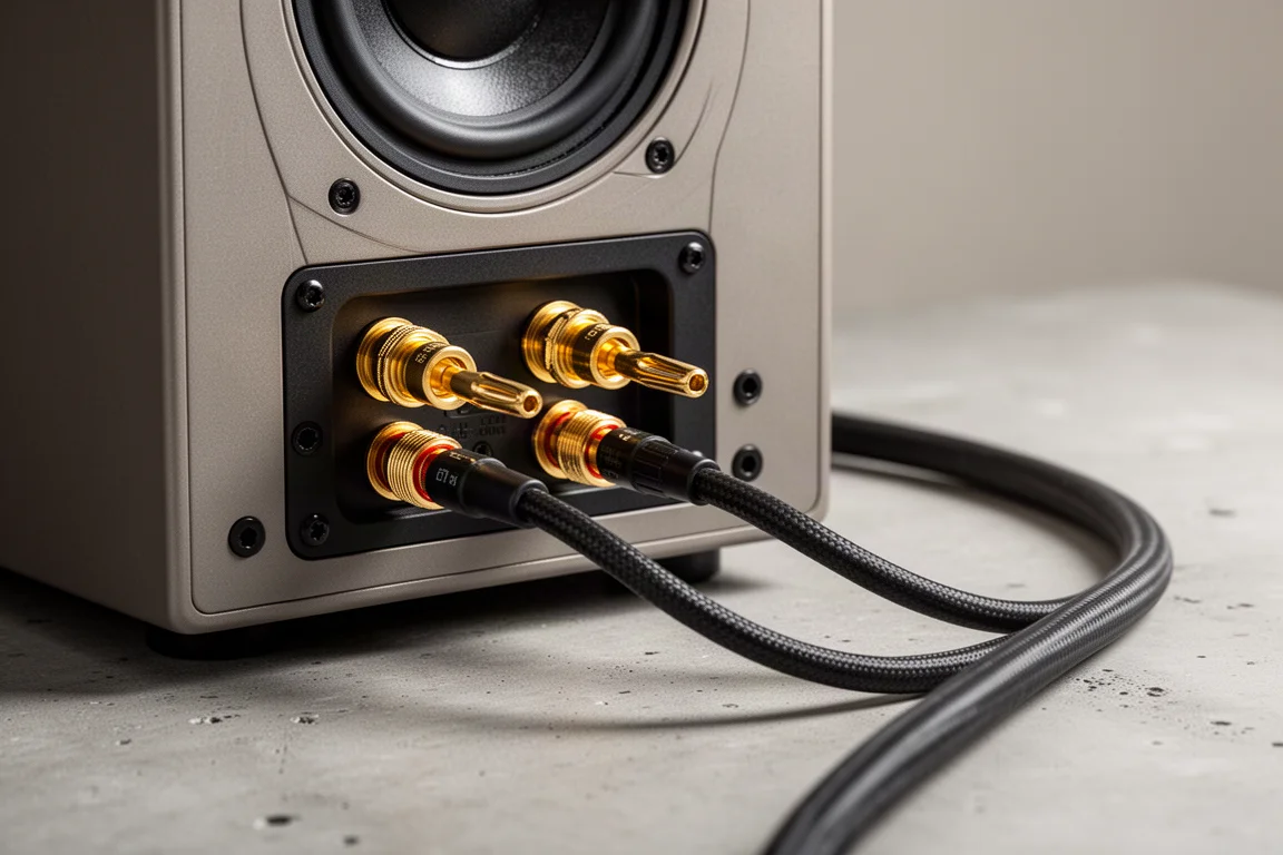 Close-up of speaker binding posts with banana plugs and speaker cable