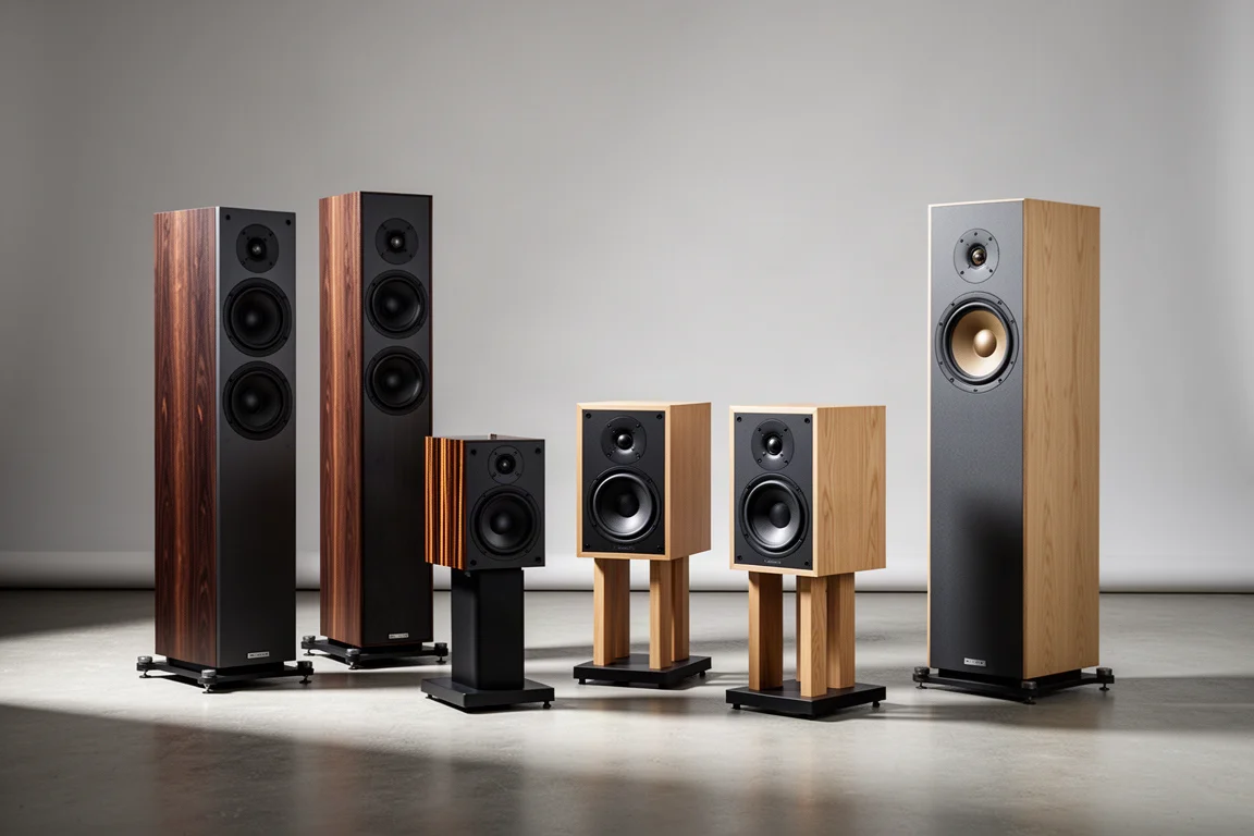 Several floorstanding and standmount hi-fi speakers arranged on a concrete floor against a grey backdrop
