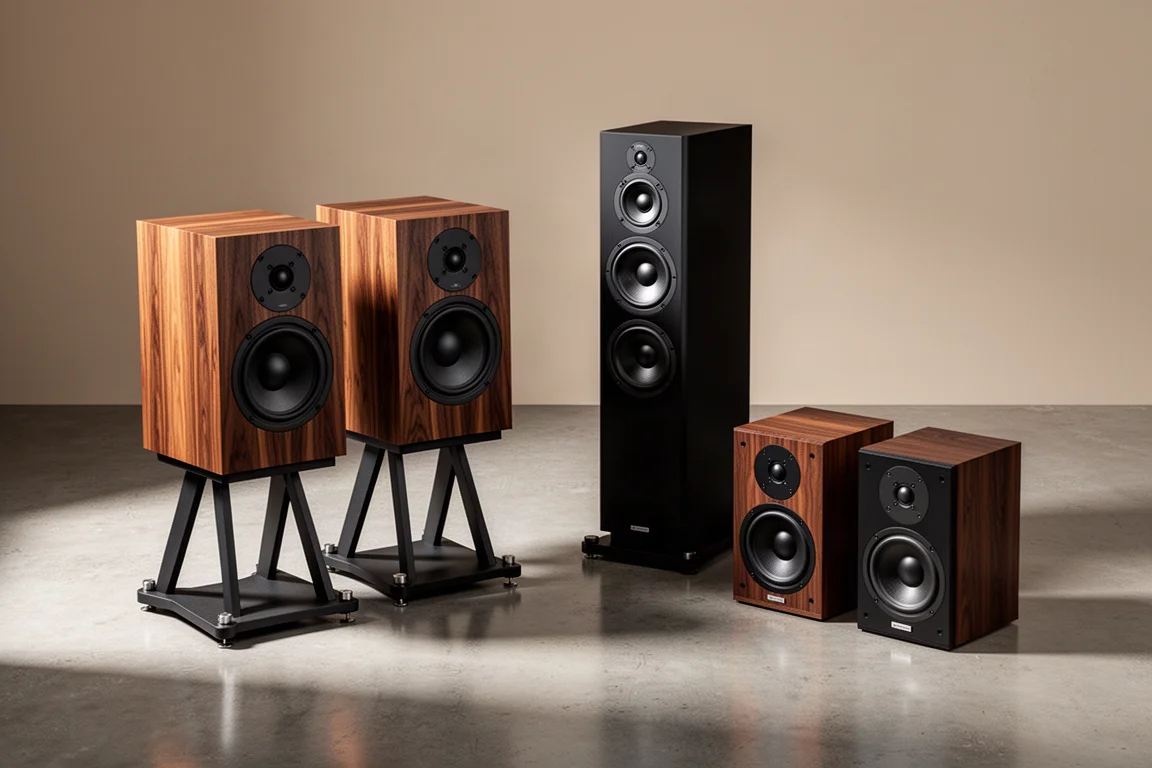 Group of hi-fi speakers including standmounts, a floorstanding tower, and bookshelf models on concrete