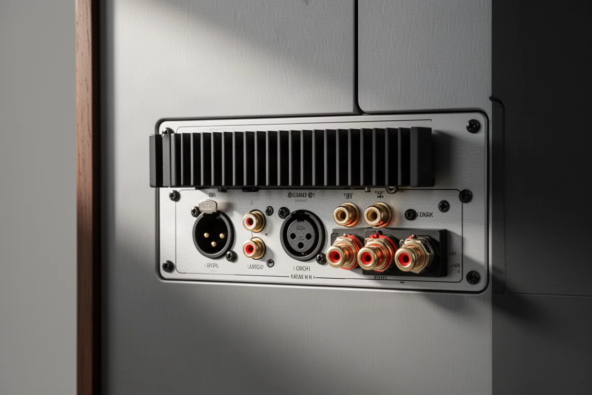 Piastra amplificatore posteriore di un monitor da studio con alette di dissipazione, prese XLR e RCA