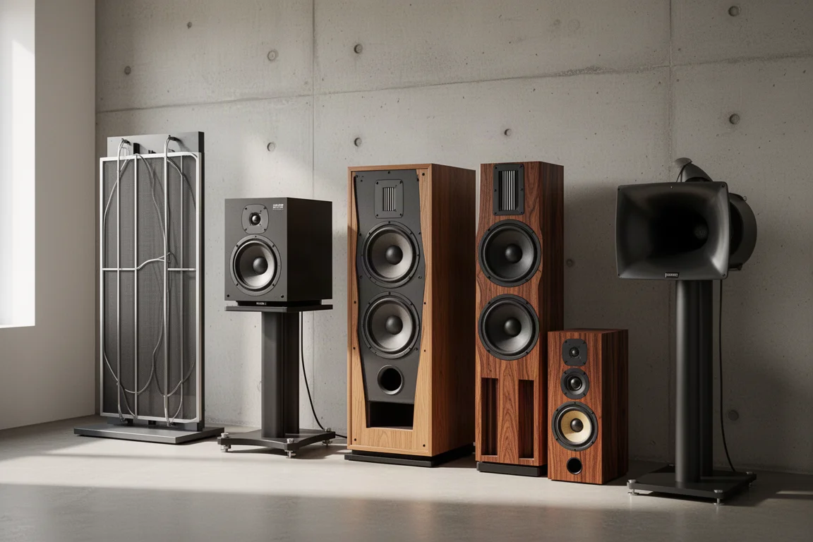 Five pairs of high-end stereo speakers arranged along a concrete wall in a listening room