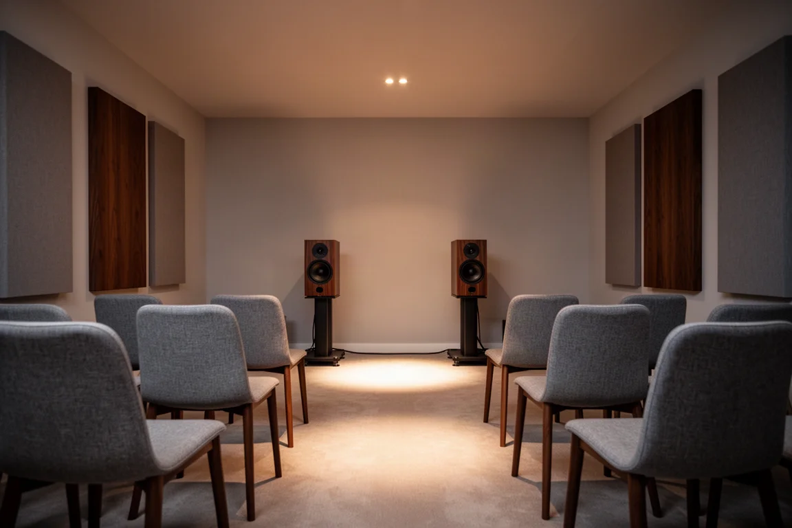 Sfeervol verlichte hi-fi demonstratieruimte met rijen stoelen tegenover speakers