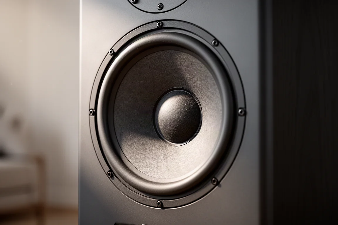 Close-up van een grote wooferconus en rubberen surround in een speakerkast