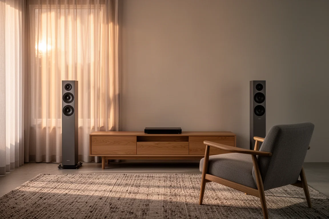 Woonkamer in de schemering met slanke vloerstaanders naast een houten dressoir