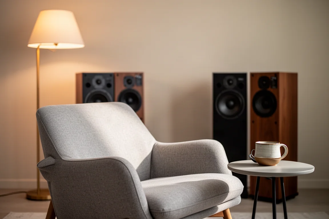 Luisterhoek met een leunstoel, bijzettafel en speakers op de achtergrond