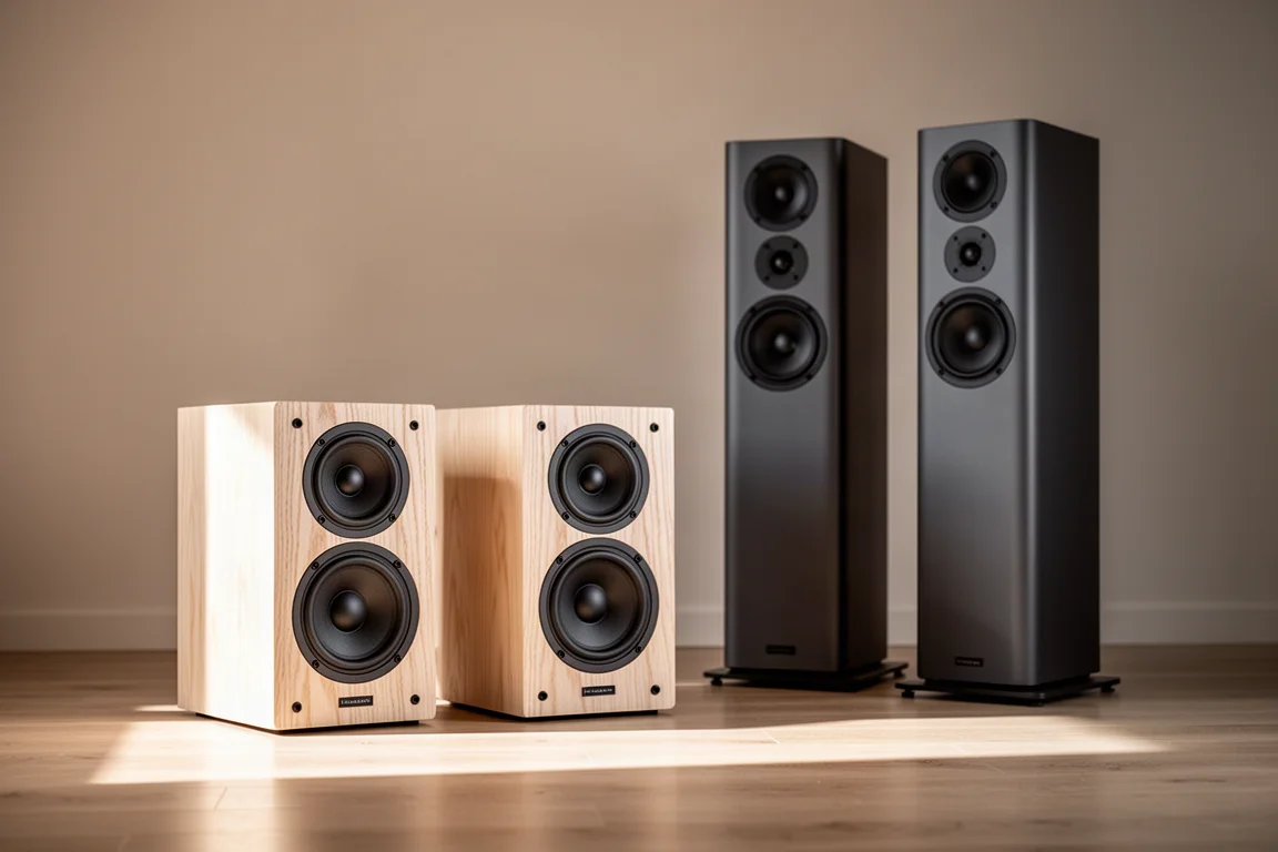 Two pairs of hi-fi speakers arranged in a softly lit listening room