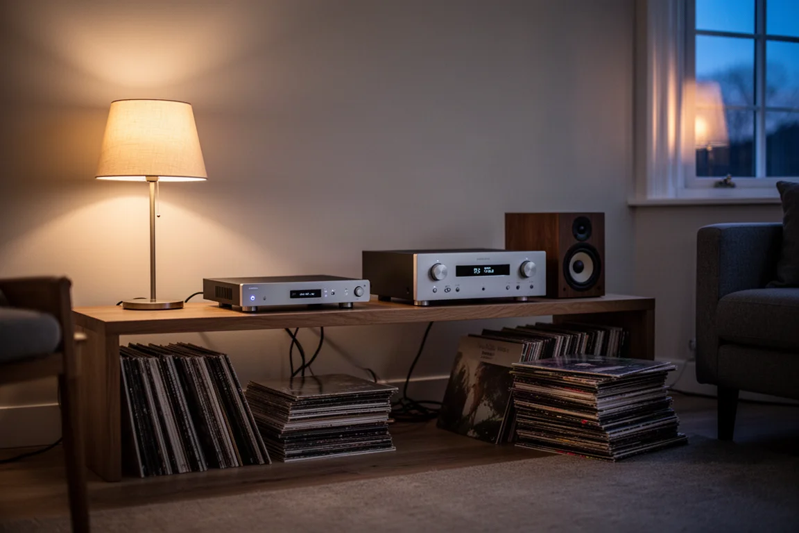 Hi-fi kast in woonkamer met netwerkspeler, versterker en platen bij schemering