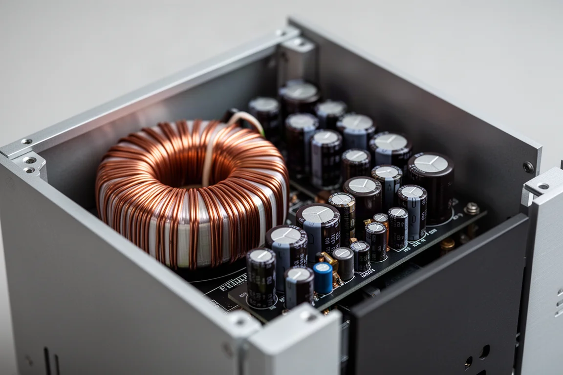 Ringkern-transformator en rijen filtercondensatoren in een hi-fi voeding
