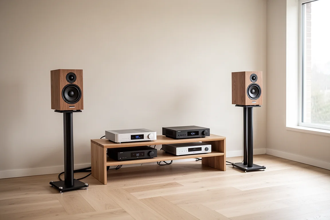 Lichte luisterruimte met twee standluidsprekers op speciale stands
