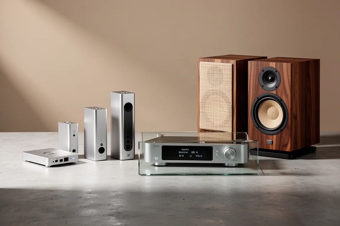 Network players, a streaming amplifier, and walnut stand-mount speakers arranged on concrete