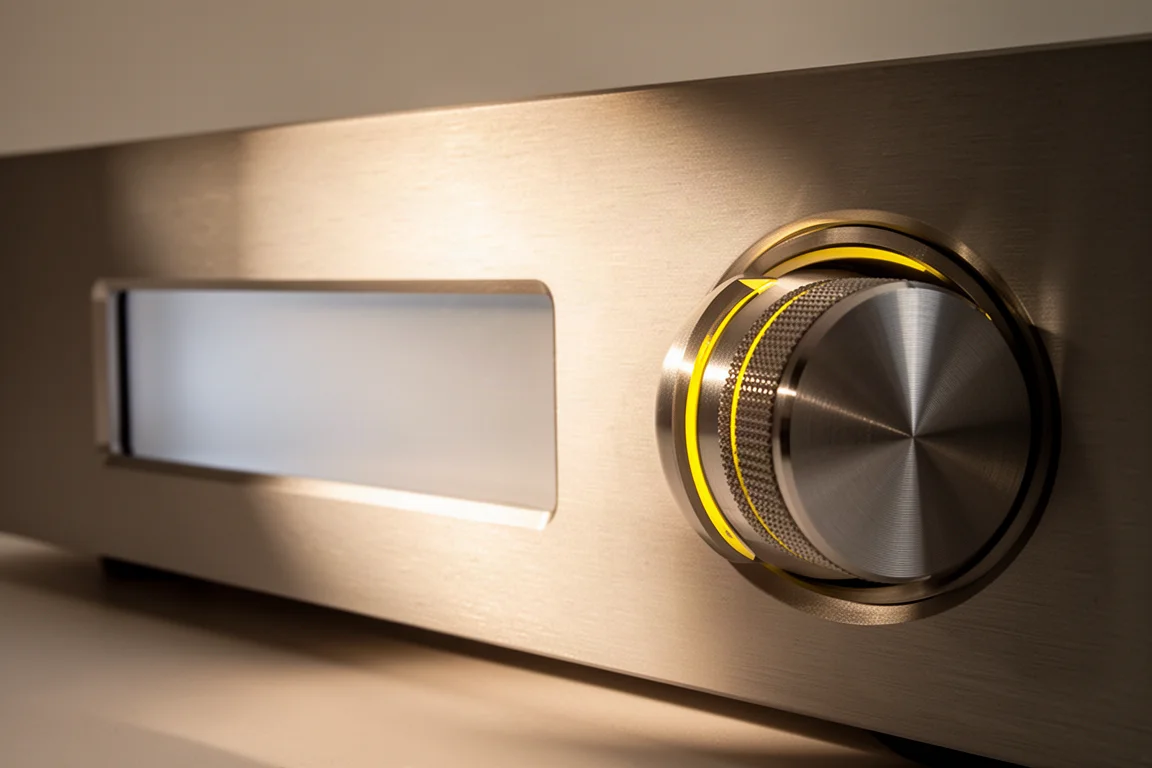 Primo piano di un pannello amplificatore in alluminio spazzolato con manopola del volume e finestra del display