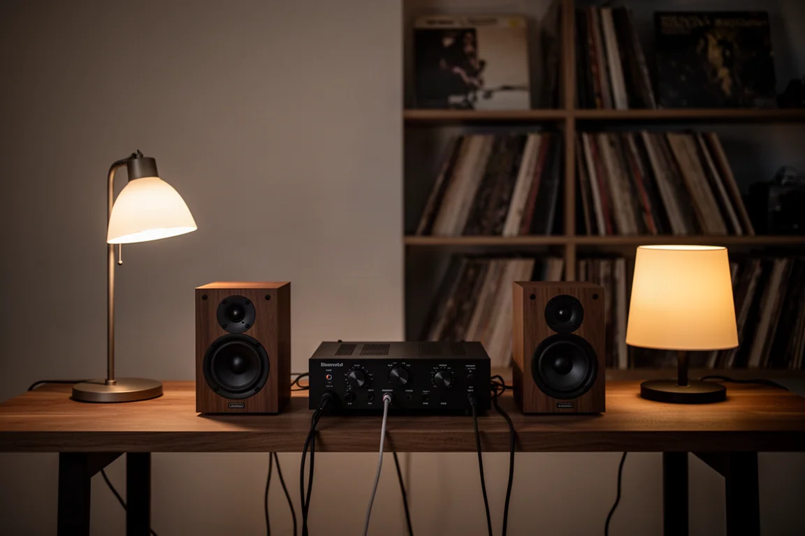 Scena di ascolto serale con diffusori, un amplificatore e la luce calda di una lampada