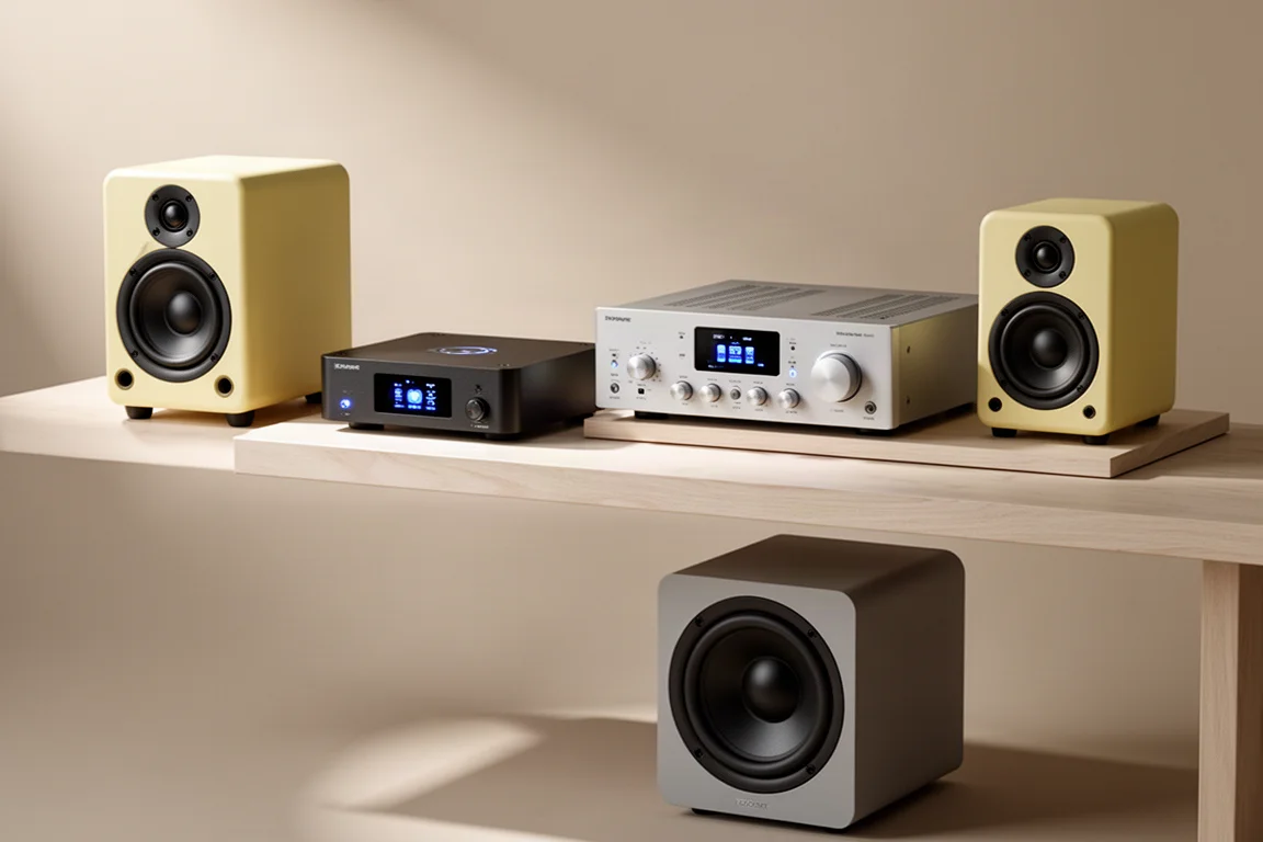 Compact streaming amplifier, full-width amplifier, yellow standmount speakers and a subwoofer on a wood board