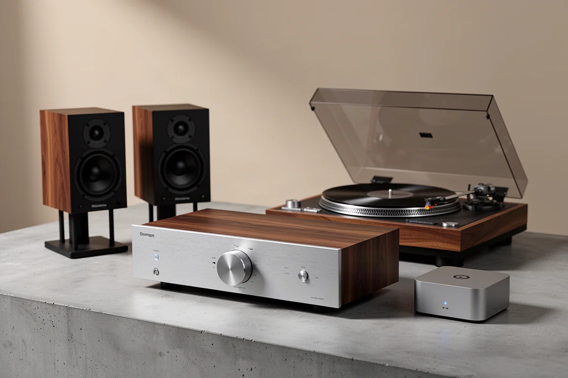 Complete hi-fi system with integrated amplifier, bookshelf speakers, turntable and streamer on concrete