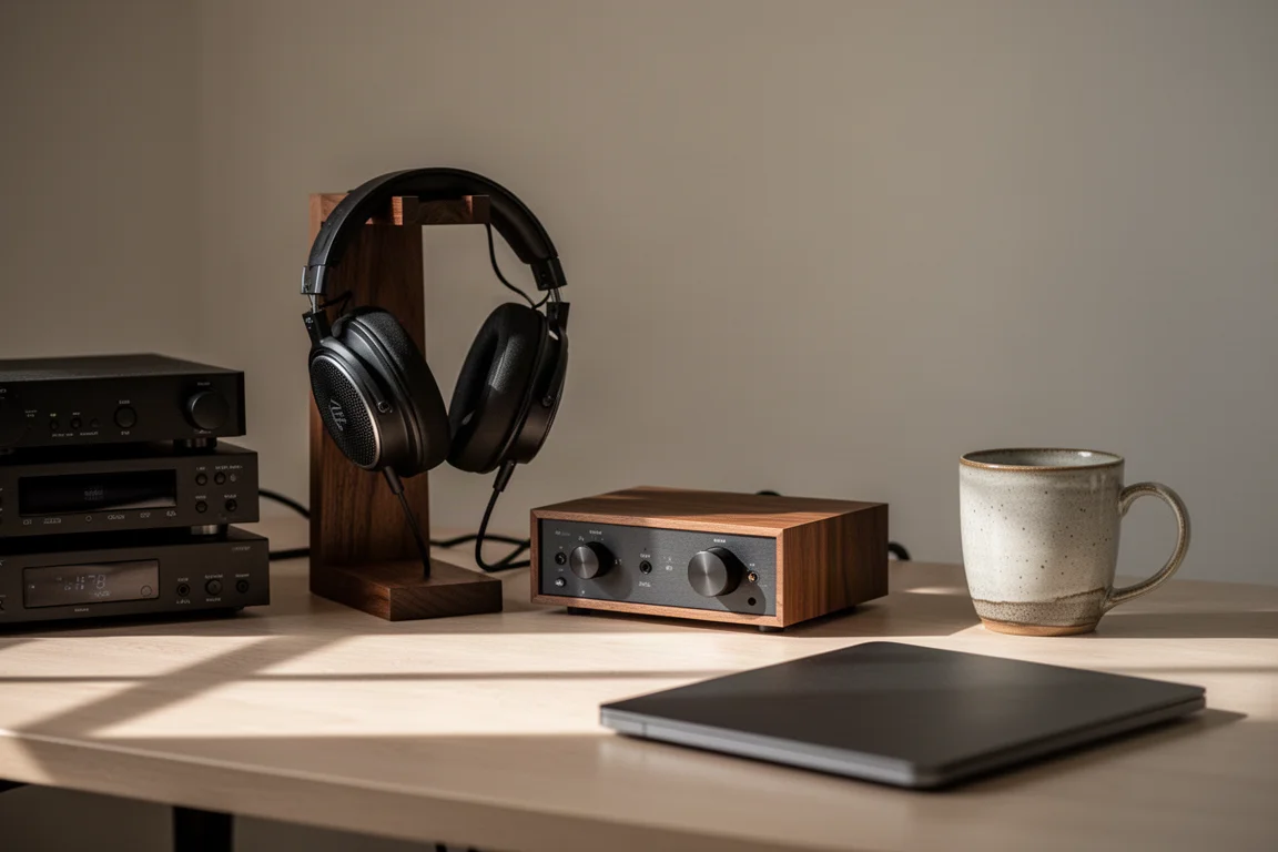 Desktop listening setup with headphones on a stand beside compact audio components