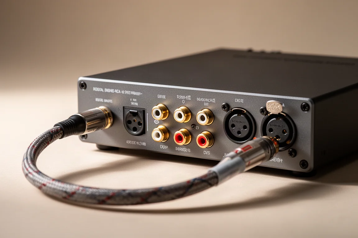 Rear panel detail of a desktop DAC showing RCA and XLR output sockets