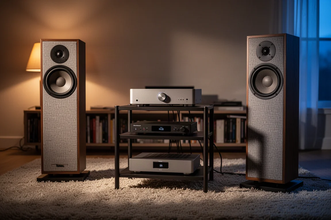 Evening listening room with speakers, a hi-fi rack and warm lamp light