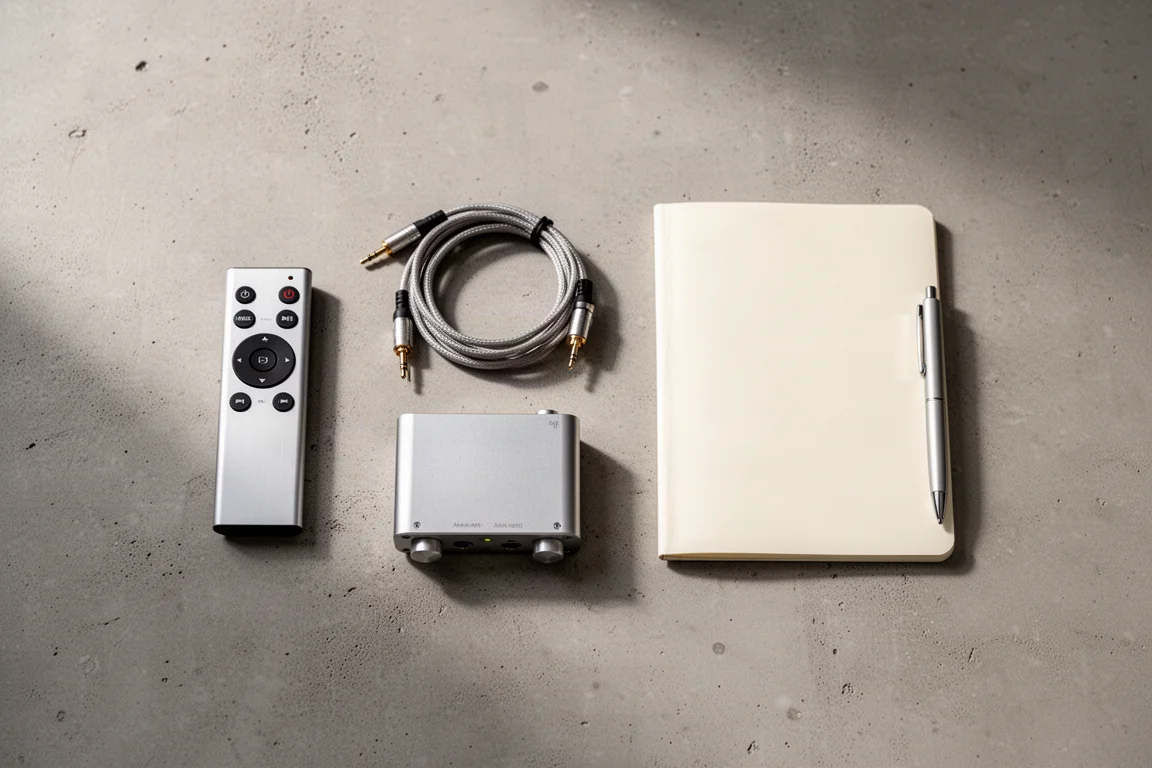 Overhead flat lay of audio cables, a remote control and a notebook on concrete