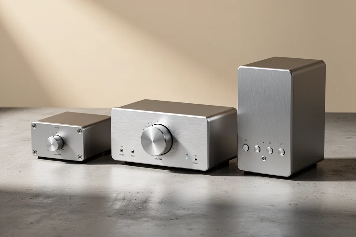 Three desktop DACs lined up on a matte concrete surface in soft studio light